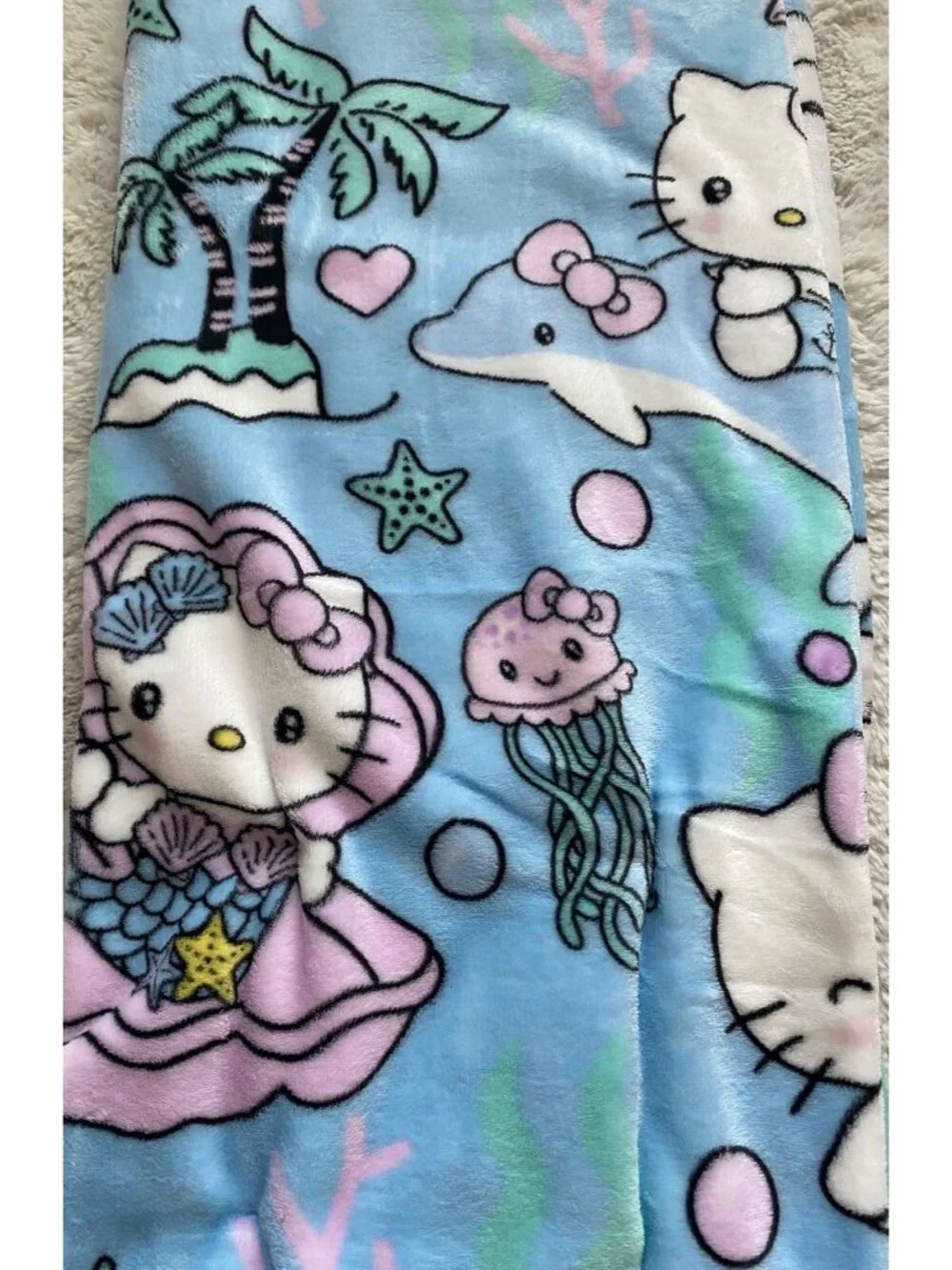 Hello Kitty Mermaid Dolphin Jellyfish Soft Throw Blanket Blue Pink 50” X 70” NEW